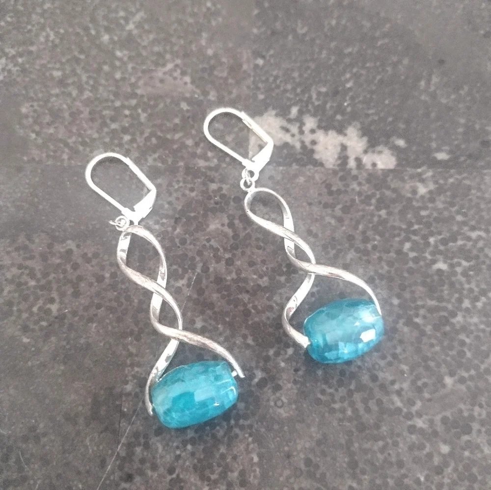Silver and Blue Dragon's Veins Twisted Earrings